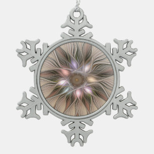 Joyful Flower Abstract Beige Brown Floral Fractal Snowflake Pewter Christmas Ornament