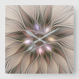 Joyful Flower Abstract Beige Brown Floral Fractal Square Wall Clock