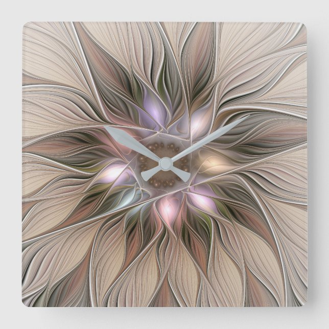 Joyful Flower Abstract Beige Brown Floral Fractal Square Wall Clock (Front)