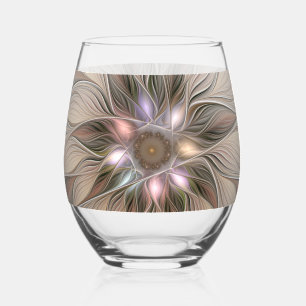 Joyful Flower Abstract Beige Brown Floral Fractal Stemless Wine Glass
