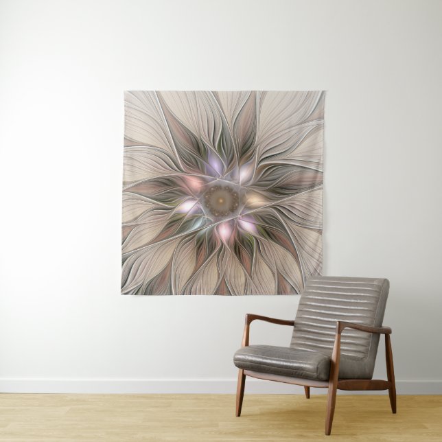 Joyful Flower Abstract Beige Brown Floral Fractal Tapestry (In Situ)
