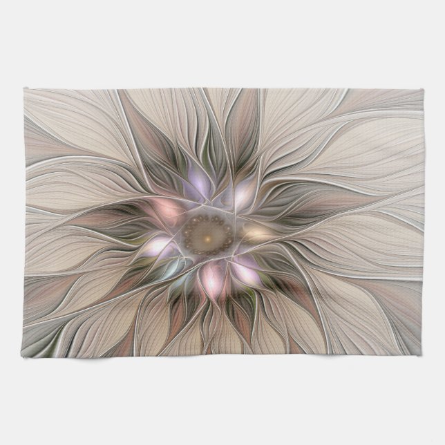 Joyful Flower Abstract Beige Brown Floral Fractal Tea Towel (Horizontal)
