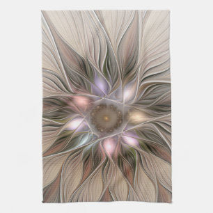 Joyful Flower Abstract Beige Brown Floral Fractal Tea Towel