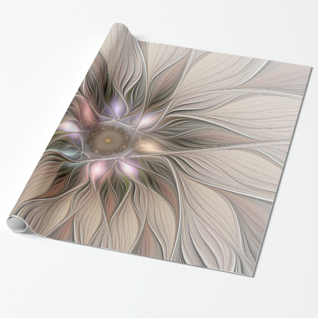 Joyful Flower Abstract Beige Brown Floral Fractal Wrapping Paper (Unrolled)