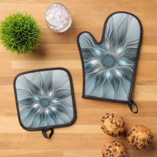 Joyful Flower Abstract Blue Gray Floral Fractal Oven Mitt & Pot Holder Set