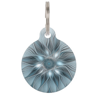 Joyful Flower Abstract Blue Gray Floral Fractal Pet Tag