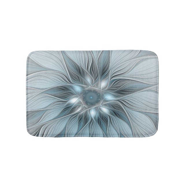 Joyful Flower Abstract Blue Grey Floral Fractal Bath Mat (Front)