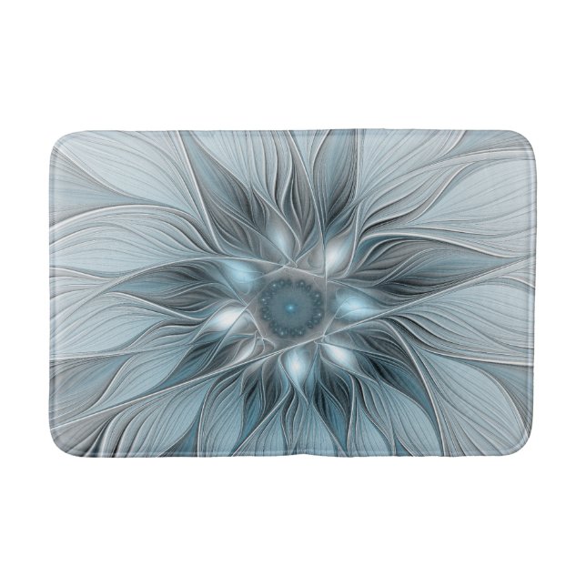 Joyful Flower Abstract Blue Grey Floral Fractal Bath Mat (Front)
