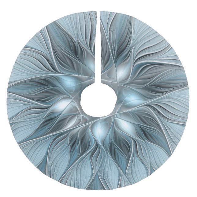 Joyful Flower Abstract Blue Grey Floral Fractal Brushed Polyester Tree Skirt (Front)