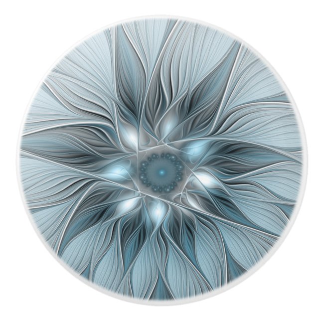 Joyful Flower Abstract Blue Grey Floral Fractal Ceramic Knob (Front)