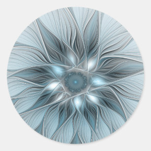 Joyful Flower Abstract Blue Grey Floral Fractal Classic Round Sticker
