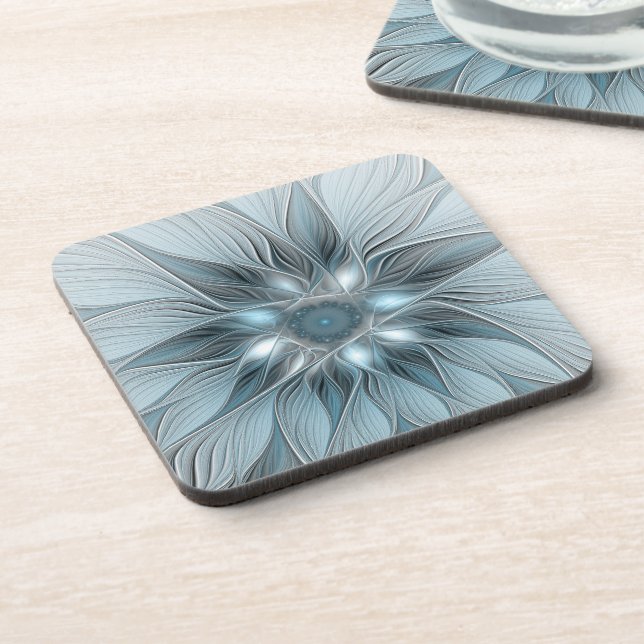 Joyful Flower Abstract Blue Grey Floral Fractal Coaster (Left Side)