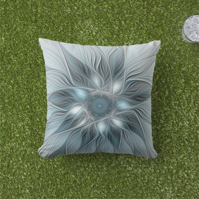 Joyful Flower Abstract Blue Grey Floral Fractal Cushion (Grass)