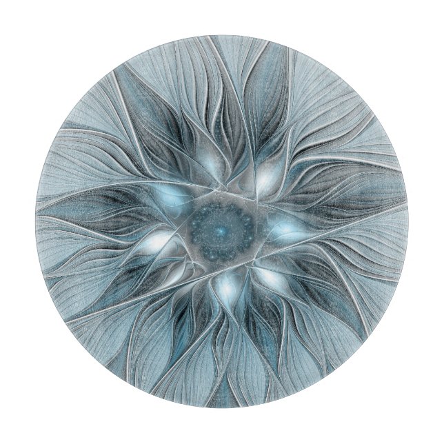 Joyful Flower Abstract Blue Grey Floral Fractal Cutting Board (Front)