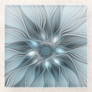 Joyful Flower Abstract Blue Grey Floral Fractal Glass Coaster
