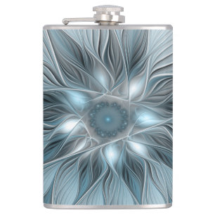 Joyful Flower Abstract Blue Grey Floral Fractal Hip Flask