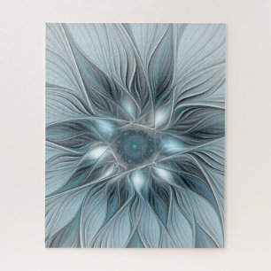 Joyful Flower Abstract Blue Grey Floral Fractal Jigsaw Puzzle