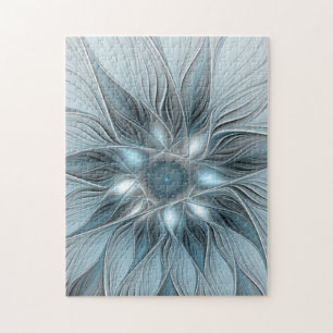 Joyful Flower Abstract Blue Grey Floral Fractal Jigsaw Puzzle