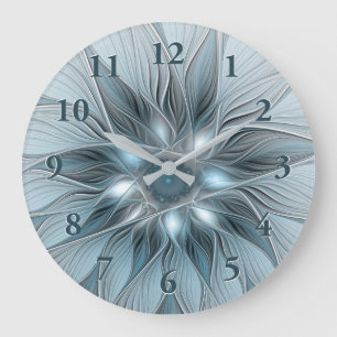 Joyful Flower Abstract Blue Grey Floral Fractal Large Clock