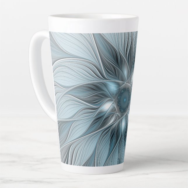 Joyful Flower Abstract Blue Grey Floral Fractal Latte Mug (Left Angle)