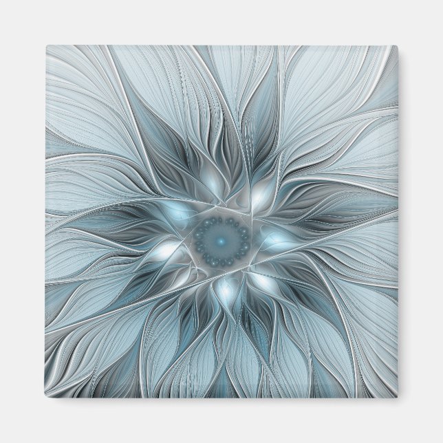Joyful Flower Abstract Blue Grey Floral Fractal Magnet (Front)