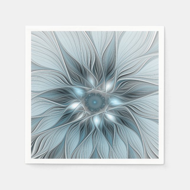 Joyful Flower Abstract Blue Grey Floral Fractal Napkin (Front)