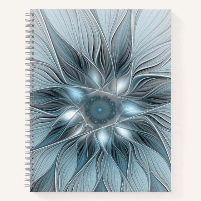 Joyful Flower Abstract Blue Grey Floral Fractal Notebook (Front)
