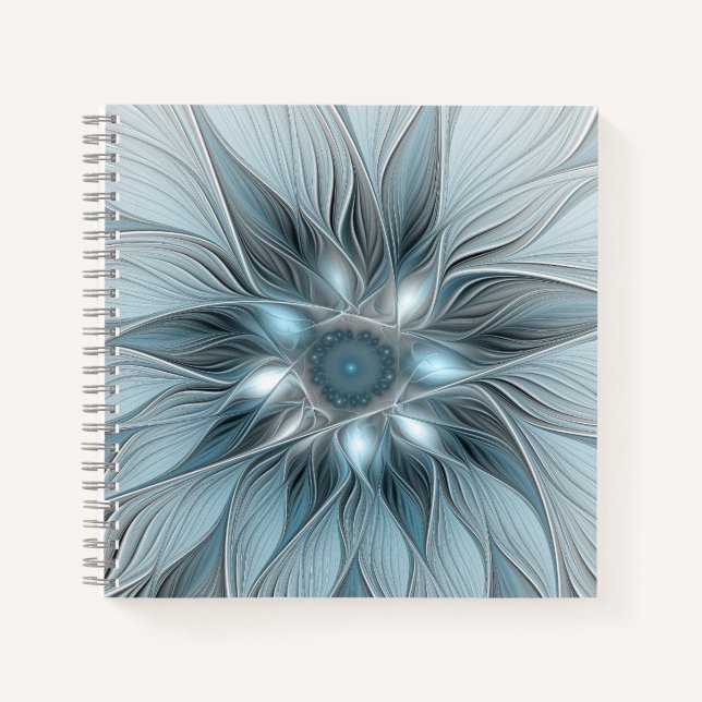 Joyful Flower Abstract Blue Grey Floral Fractal Notebook (Front)