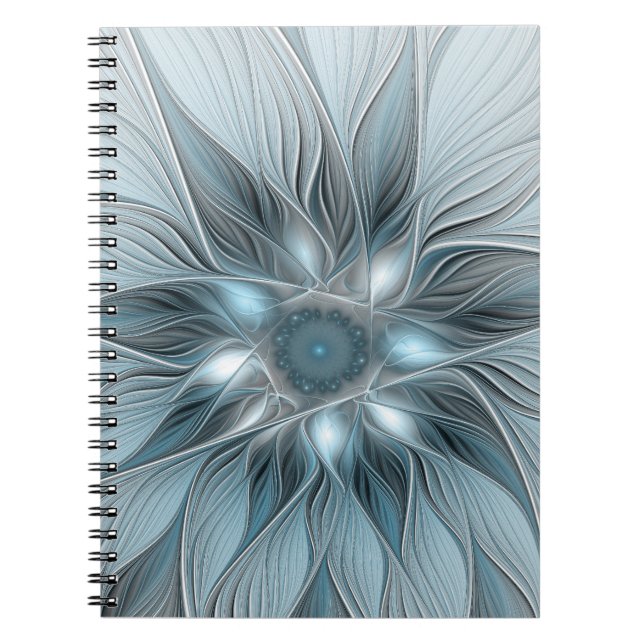 Joyful Flower Abstract Blue Grey Floral Fractal Notebook (Front)
