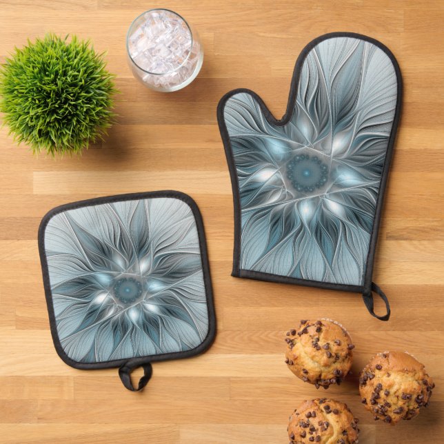 Joyful Flower Abstract Blue Grey Floral Fractal Oven Mitt & Pot Holder Set (Top Down)