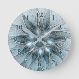 Joyful Flower Abstract Blue Grey Floral Fractal Round Clock