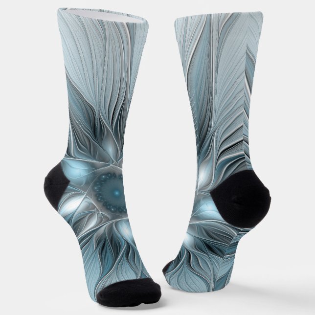 Joyful Flower Abstract Blue Grey Floral Fractal Socks (Angled)