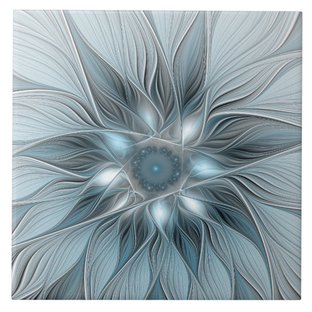 Joyful Flower Abstract Blue Grey Floral Fractal Tile (Front)