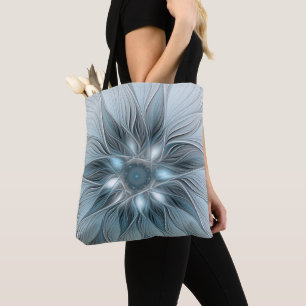 Joyful Flower Abstract Blue Grey Floral Fractal Tote Bag