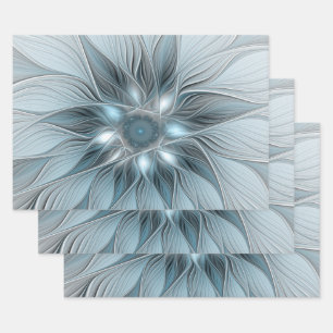 Joyful Flower Abstract Blue Grey Floral Fractal Wrapping Paper Sheet