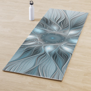Joyful Flower Abstract Blue Grey Floral Fractal Yoga Mat