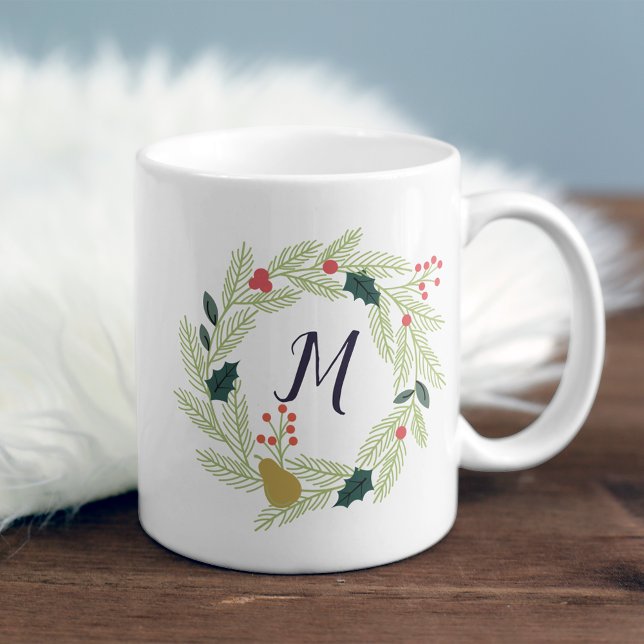 Joyful Foliage Holiday Wreath Monogram Coffee Mug (Creator Uploaded)