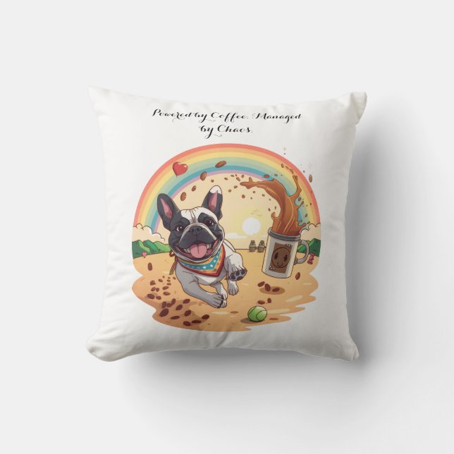 Joyful French Bulldog & Coffee Splash – Paws, Cushion (Front)