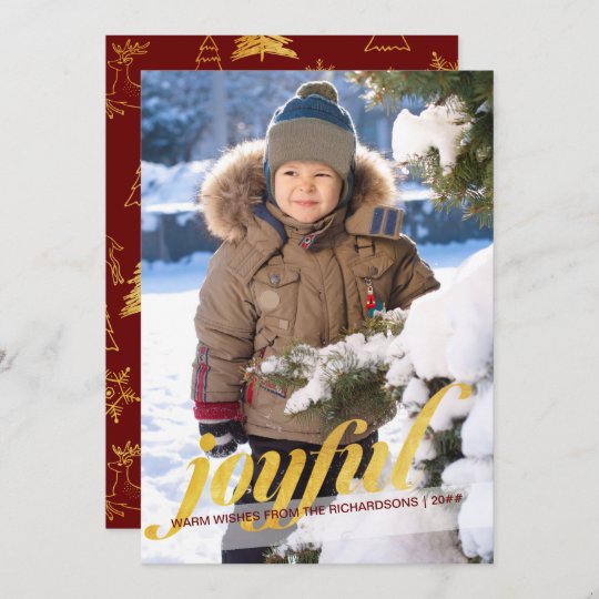 Joyful Full Bleed Photo Red and Gold Holiday Card