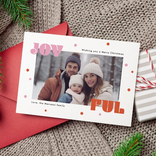 Joyful Funky Typography Merry Christmas Photo  Holiday Card (Christmas photo card with the word JOYFUL in funky typography.)