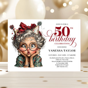 Joyful Funny Lady 50th Birthday Cartoon Humor  Invitation