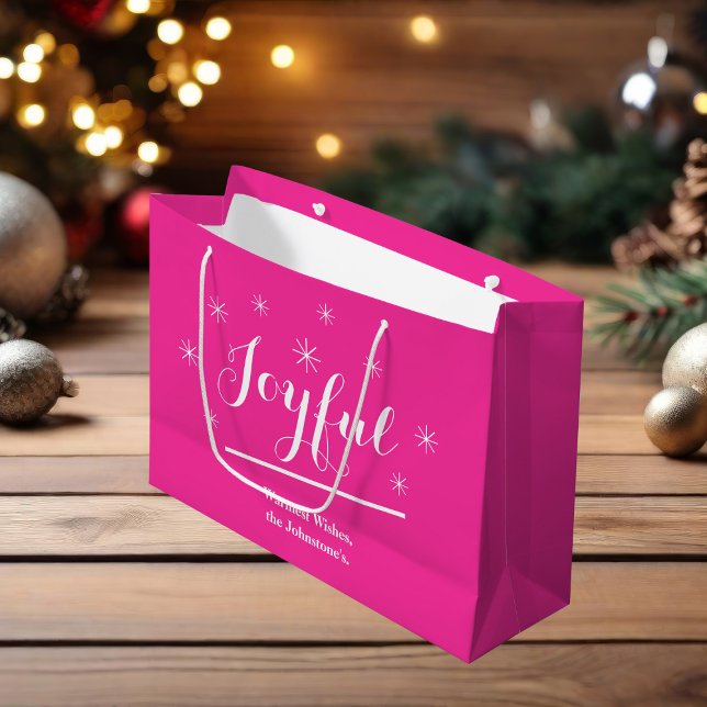 Joyful Gift Chic Script Modern Hot Pink Christmas  Large Gift Bag (Joyful hot pink gift bag)