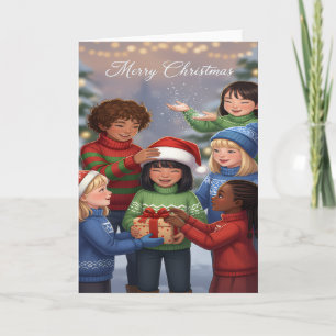 Joyful Gift-Sharing Kids Christmas Card
