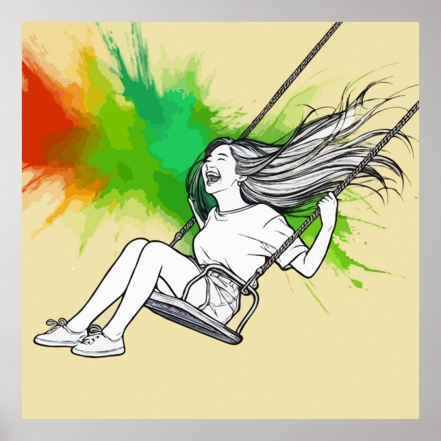 Joyful Girl on Swing – Vibrant Splash of Colours Poster (Front)