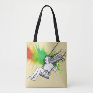 Joyful Girl on Swing – Vibrant Splash of Colours Tote Bag