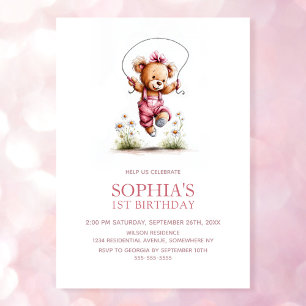 Joyful Girl Teddy Bear 1st Birthday Invitation
