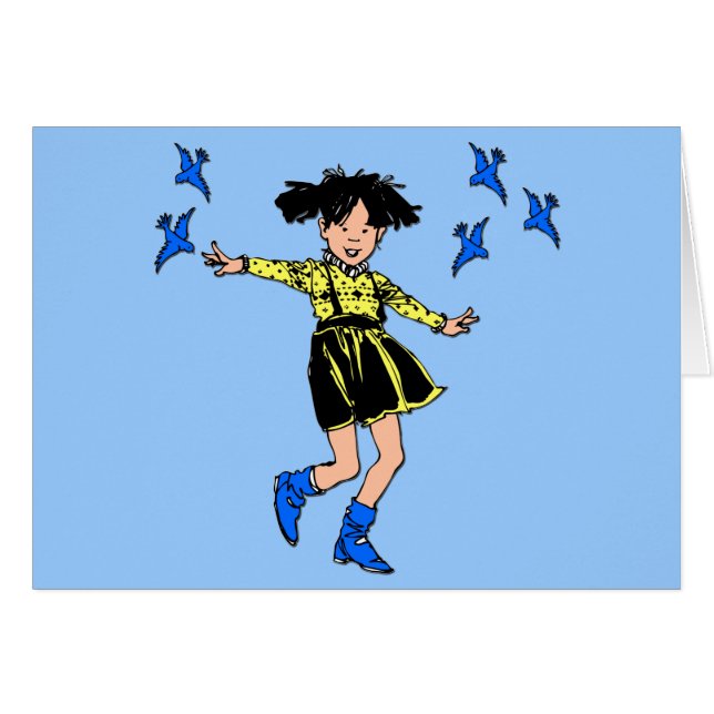 Joyful girl with bluebirds (Front Horizontal)