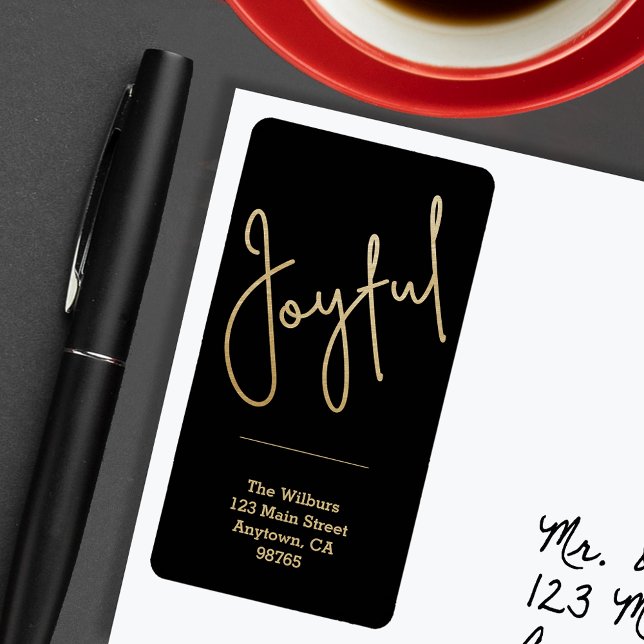 JOYFUL Gold Faux Foil Black Christmas Label (JOYFUL Faux Gold Foil on Black Return Address Labels)