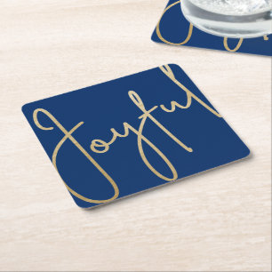 JOYFUL Gold Faux Foil on Blue Square Paper Coaster