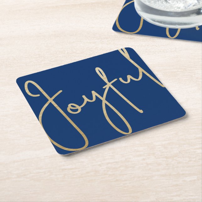 JOYFUL Gold Faux Foil on Blue Square Paper Coaster (Angled)